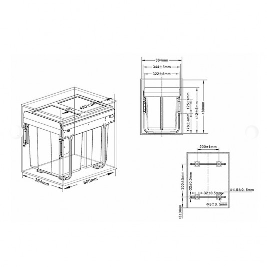 Система для відходів Movimento 2х20л в секцію 450мм на прихованих направляючих,3D кріплення фасаду графіт - 2