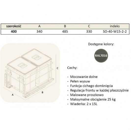 Система для відходів WXL 2 х 15 л в секцію 400мм на прихованих направляючих з кріпленням фасаду графіт - 2